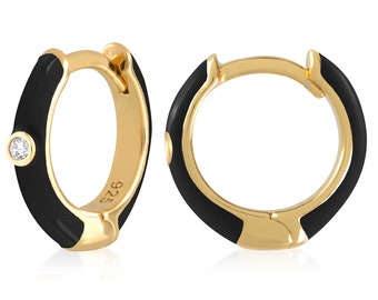 Full Pair Gold Plated Sterling Silver Colored Enamel CZ Women's Huggie Hoop Earrings, Mix + Match Color Theme Mini Hoops with Cubic Ziconia