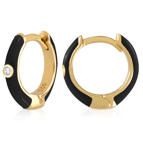 Full Pair Gold Plated Sterling Silver Colored Enamel CZ Women's Huggie Hoop Earrings, Mix + Match Color Theme Mini Hoops with Cubic Ziconia