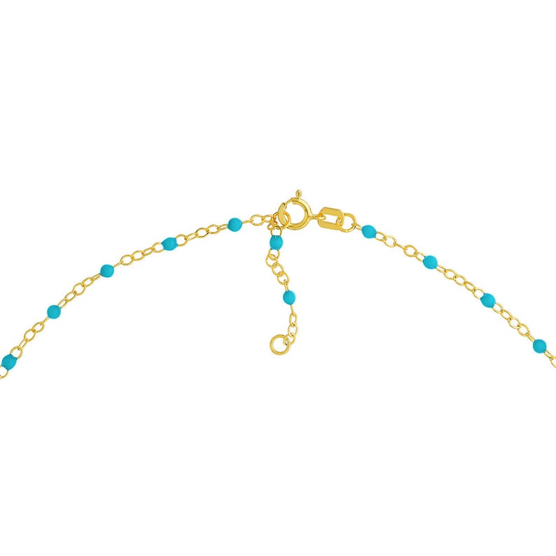 Solid Gold Light Turquoise Enamel Bead on 2mm Thick Piatto Chain Anklet 10 Adjustable, Real 14K, Yellow, Spring Ring, Gift, Women, Wife image 5