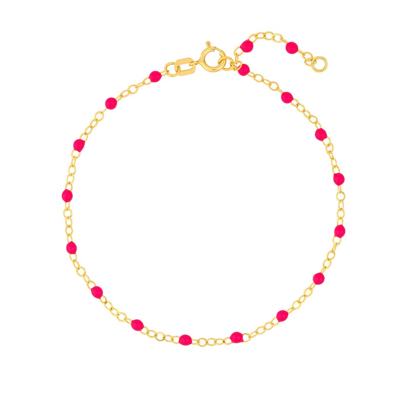 Real 14K Yellow Gold Neon Pink Enamel Bead in 2MM Piatto Chain Bracelet 7.5 Adjustable, Spring Ring, Gift, Available in Assorted Colors image 2