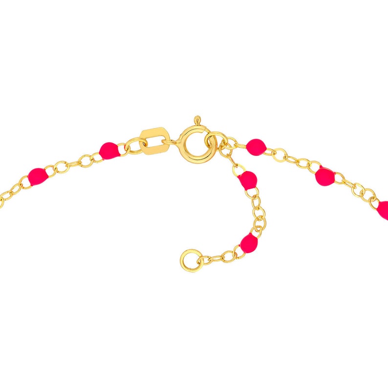 Real 14K Yellow Gold Neon Pink Enamel Bead in 2MM Piatto Chain Bracelet 7.5 Adjustable, Spring Ring, Gift, Available in Assorted Colors image 4