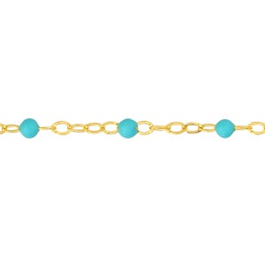 Solid Gold Light Turquoise Enamel Bead on 2mm Thick Piatto Chain Anklet 10 Adjustable, Real 14K, Yellow, Spring Ring, Gift, Women, Wife Light Turquoise