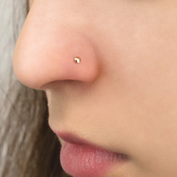 NEW Gauge 19 (0.9MM)| Solid 14K Yellow Gold Polished Round Disc Nose Bone Stud, Tiny Ball End Style Nose Stud Bone, Nostril Piercing Jewelry