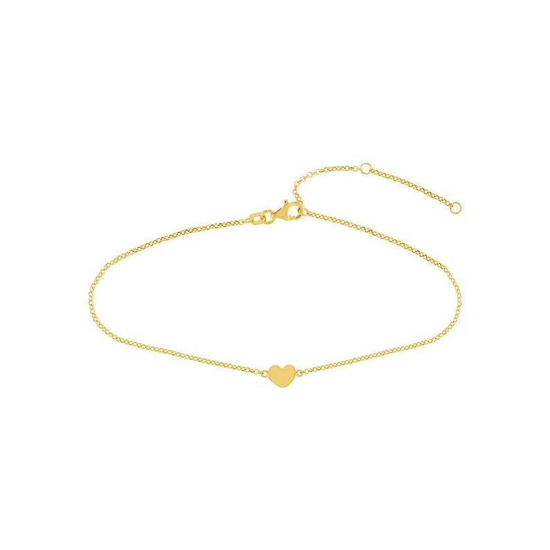 Solid Gold Simple Heart 1.5mm Adjustable Chain Anklet 10, Real 14K, Yellow, Pear Lock, Gift, Women, Wife, Mother, Anniversary, Birthday Yellow Gold