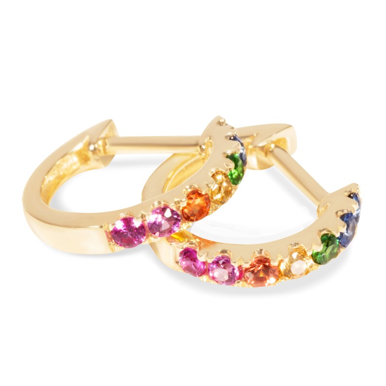 14K Yellow Gold Genuine Sapphire Garnet Fine Gem Stones Multicolor Rainbow Huggie Hoop Earrings for Women Pride Hoops Earring 10.2MMx11MM image 3