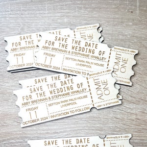 Laser Engraved Wedding Save The Date, Wooden Ticket Save The Date, Retro, Alternative Craft Invites