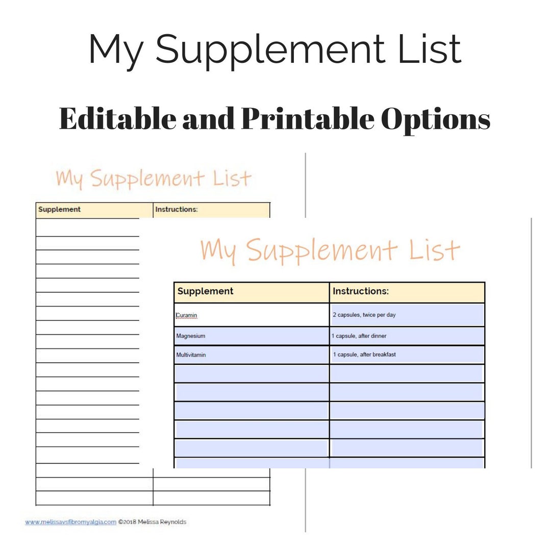 My Supplement List Printable and Editable Supplement Log - Etsy