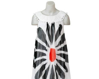 DECOLLATE A-line White Black Chiffon Cotton Party Evening Cocktail Designer Sleeveless Mini Dress Tunic Balls Pompons Trimmed High Quality