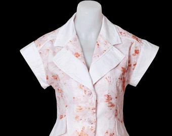 New White Linen Floral Print Short Sleeve Jacket/Kimono Short Sleeve Summer Top/Elegant Classy Extravagant Preppy Loose Stunning Clothes