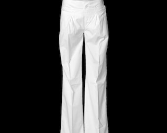 White Cotton Palazzo Pants/Loose Wide-Legged Woman's Trousers/Classic Boot-Cut Flared Sailor Style Pants/Evening Cocktail Extravagant Wear