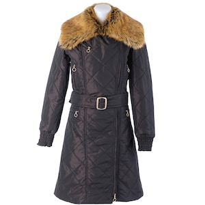 Bruine gewatteerde gewatteerde wasbeer kraag extravagante lange biker jas / oversized elegante Maxi Puffer / Clasics Stijlvolle Trench / Asymmetrische Parka / Mac