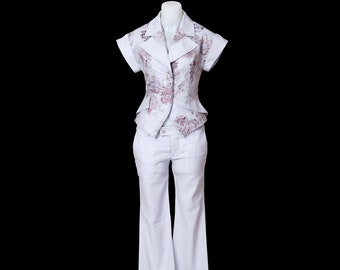Lilac Linen Floral Print Short Sleeve Pants Suit/Kimono Sleeve Summer Set/Elegant Classy Extravagant Costume/Preppy Loose Stunning Outfit