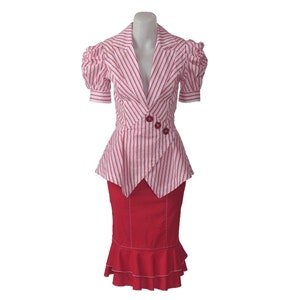 New Ladies DECOLLATE White Red Cotton Poplin Pinstripe Short Sleeve Jacket Linen Pencil Skirt Designer Suit Set Outfit High Quality Product image 1