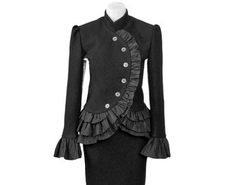 New/Black Wool Boucle Taffeta Skirt Suit/Flared Ruffle Peplum Jacket Blazer Pencil Skirt Suit/Long Sleeve Designer Outfit/Ladies Winter Set