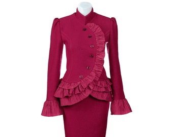 New/Red Wool Boucle Taffeta Skirt Suit/Flared Ruffle Peplum Jacket Blazer Pencil Skirt Suit/Long Sleeve Designer Outfit/Ladies Winter Set