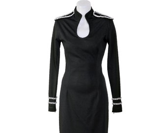 New/Black Bodycon Elegant Dress/Black Cotton Jersey/Designer Extravagant Dress/Silver Chain Embellished/Cocktail/Party/Clubwear/Luxury Dress