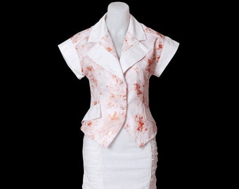 White Linen Floral Print Short Sleeve Skirt Suit/Kimono Sleeve Summer Set/Elegant Classy Extravagant Costume/Preppy Loose Stunning Outfit