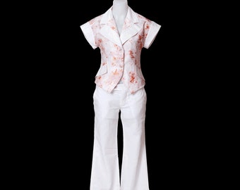 White Linen Floral Print Short Sleeve Pants Suit/Kimono Sleeve Summer Set/Elegant Classy Extravagant Costume/Preppy Loose Stunning Outfit