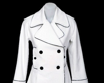 White Wool Pea Coat/Black Leather Trimmed Short Coat/Oversized Elegant Parka/Clasics Stylish Trench/Extravagant Mac/Asymmetric Peplum Jacket