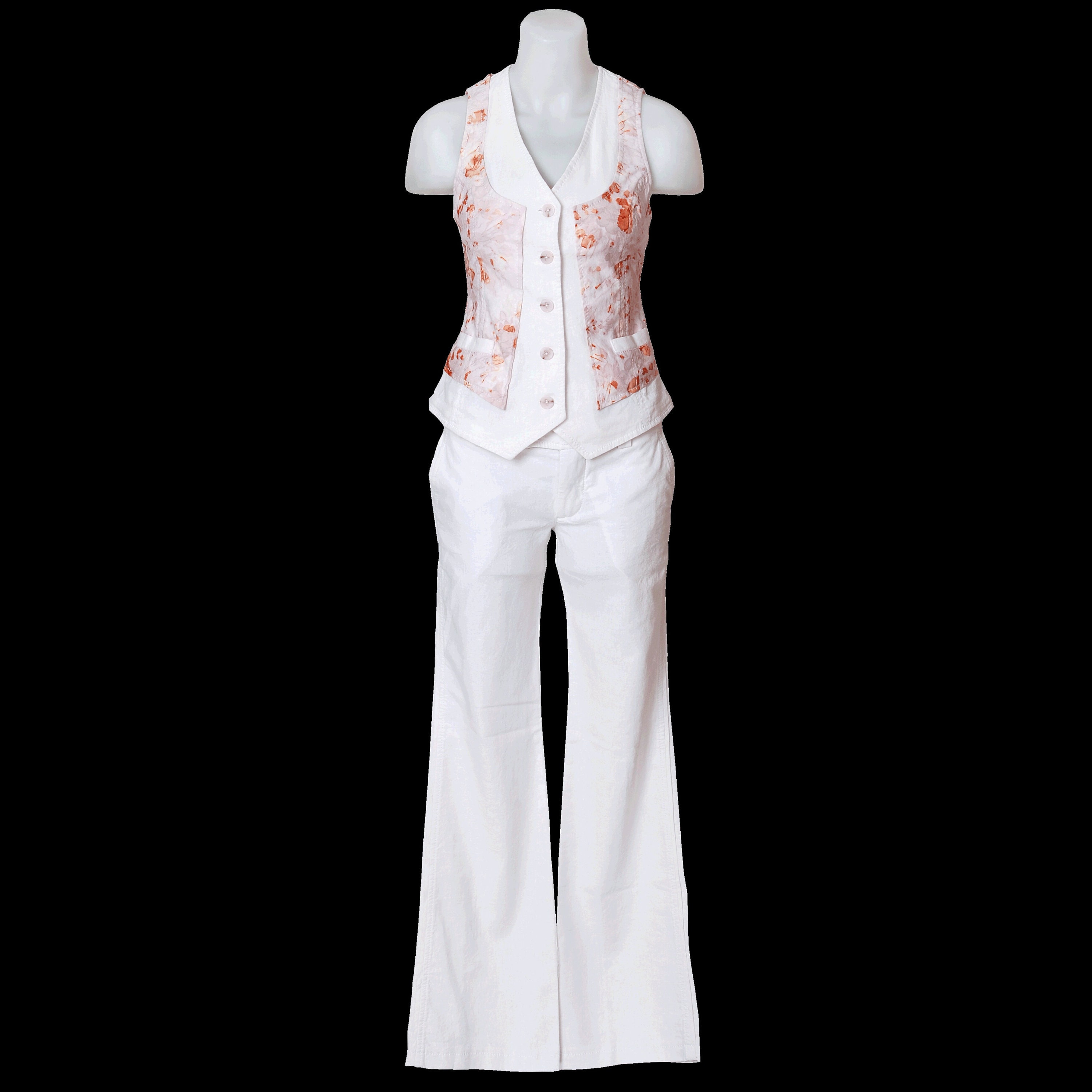 White Linen Floral Print Vest Pants 