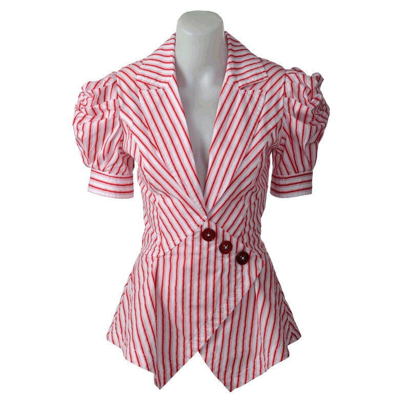 New Ladies DECOLLATE White Red Cotton Poplin Pinstripe Short Sleeve Jacket Linen Pencil Skirt Designer Suit Set Outfit High Quality Product image 2