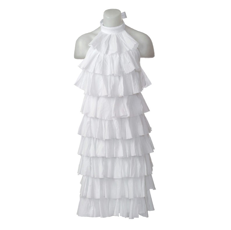 New White Crinkle Cotton Voile Jersey Frilly Layered Pleated Ruffle Backless Halter Neck Party Evening Cocktail Sleeveless Designer Dress image 1