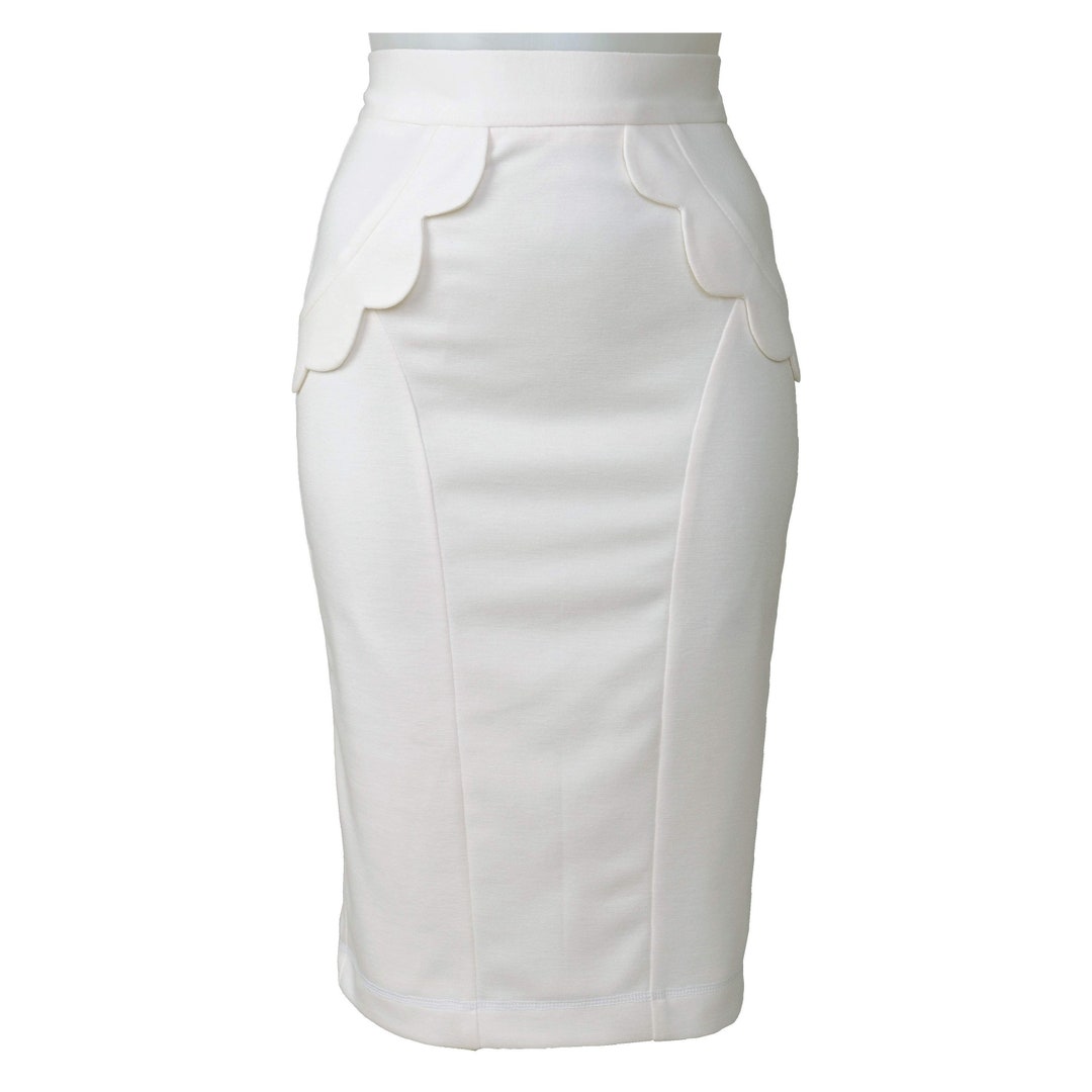 White Pencil Skirt/cream Elastic Cotton Jersey Scalloped Edges - Etsy