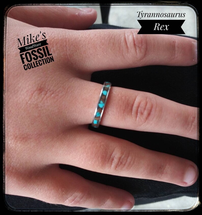 Fossil Ring Dinosaur Turquoise Dinosaur Ring Stainless Steel Ring with Turquoise and Tyrannosaurus Rex Fossil Inlay T-Rex Valentine