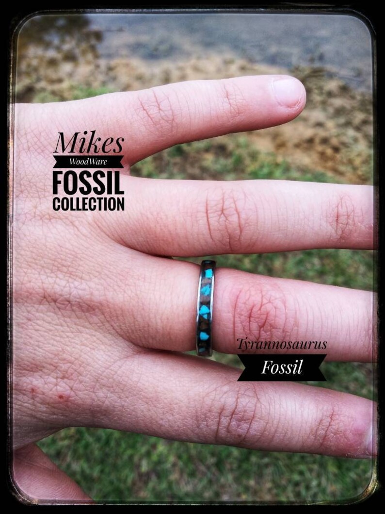 Fossil Ring Dinosaur Turquoise Dinosaur Ring Stainless Steel Ring with Turquoise and Tyrannosaurus Rex Fossil Inlay T-Rex Valentine