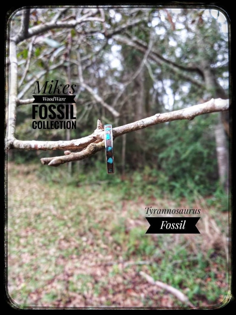 Fossil Ring Dinosaur Turquoise Dinosaur Ring Stainless Steel Ring with Turquoise and Tyrannosaurus Rex Fossil Inlay T-Rex Valentine