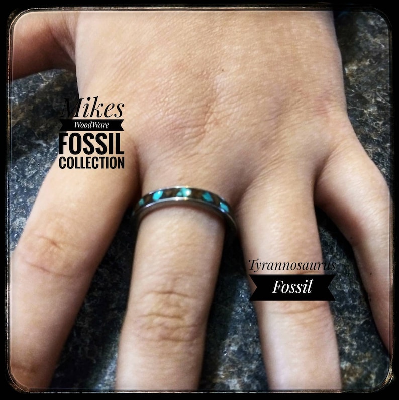 Fossil Ring Dinosaur Turquoise Dinosaur Ring Stainless Steel Ring with Turquoise and Tyrannosaurus Rex Fossil Inlay T-Rex Valentine