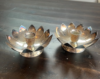 Gorgeous Set of Two Vintage Silver-Plated Candle Holders | Lotus Flower | Vintage Silver