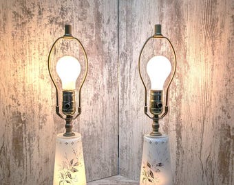 Vintage MCM Accent Lamps with Night Lights - White Glass with Bronze Brass Bases - Pair