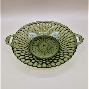 Vintage MCM Green Patterned Glass Serving Bowl by Indiana Glass - Circa 1970 - Double Handled