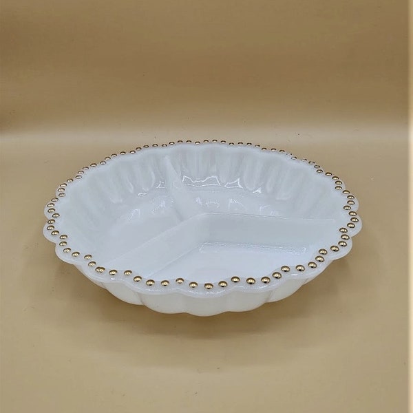 Vintage Mid Century Modern White Milk Glass Divided Plate - Scalloped Design with Gold-Beaded Edge - Anchor Hocking