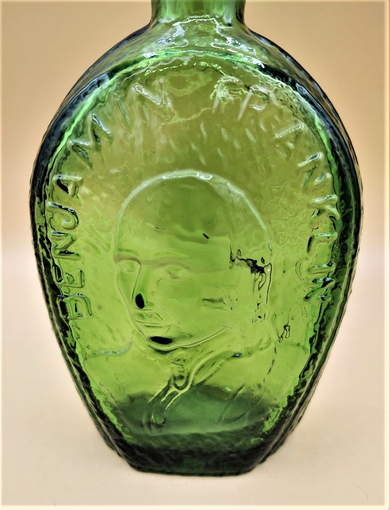 Vintage Benjamin Franklin Green Glass Decanter Large Bottle - Etsy