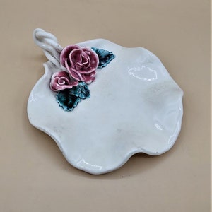 Vintage Ceramic Soap Dish - Farmhouse - Lily Pad-Styled Base - Red Roses and Green Leaves Accents