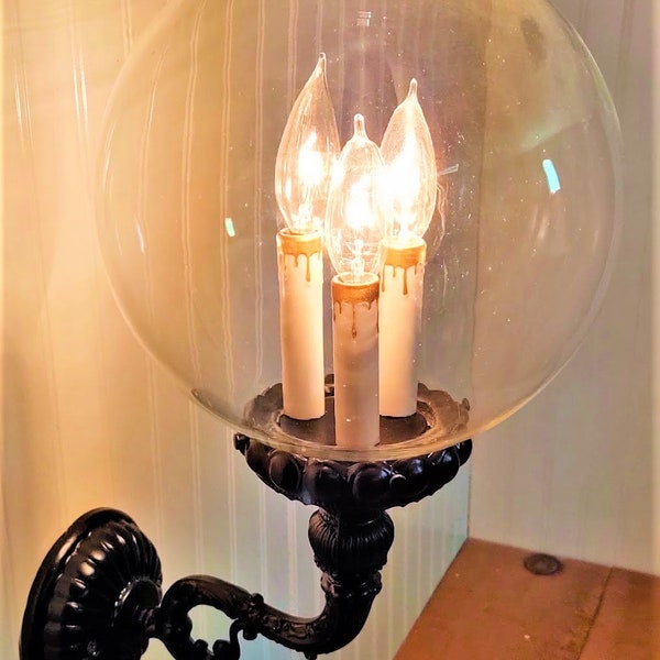 Vintage Victorian Sconce Light w/Blown Glass Cover - Three Candle Fixture