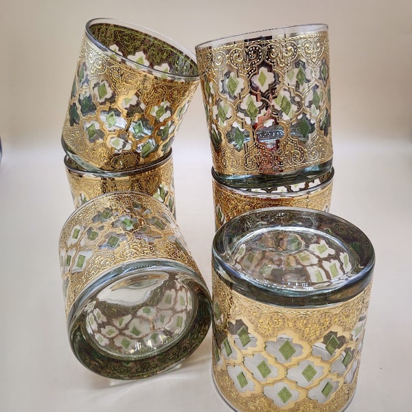 Vintage Barware - MCM Lowball Glasses by Culver - "On the Rocks" - Valencia Pattern - 22k Gold Decorations with Green Diamond Centers