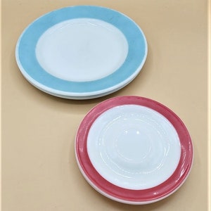 Vintage Pyrex Plates - Double-Tough - White Milk Glass w/Colored Bands - 2 Dinner Plates (Aqua) and 2 Saucers (Red)