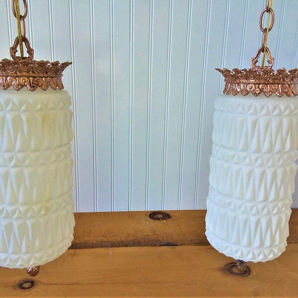 Vintage Mid-Century Modern Chain Drop (Hanging) Lights - Gothic/Victorian Styled White Frosted Glass Globes