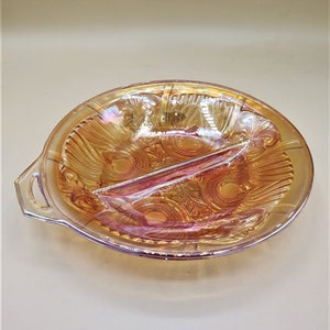 Vintage MCM Amber Carnival Glass Divided Plate by Indiana Glass - Circa 1970 - Single Handle