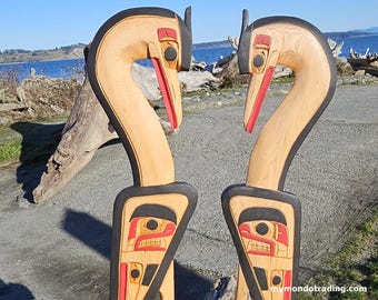 Hand Carved PAIR of Heron on Salmon Base, Authentic Northwest Coast Indigenous Art, native art, local Canadian