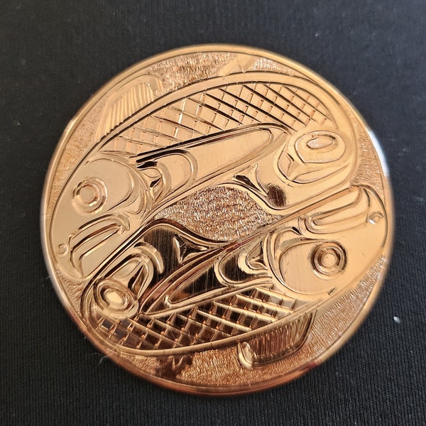First Nations, Northwest coast native copper Double Salmon pendant, signed, guaranteed authentic Indigenous art