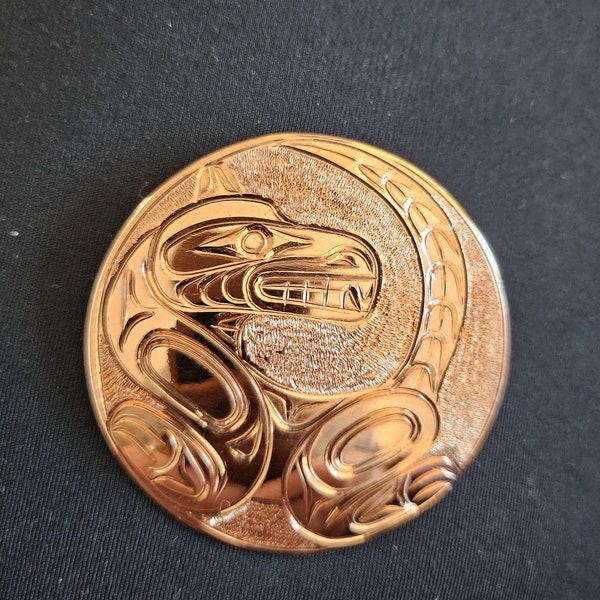 First Nations, Northwest coast native copper 2" round WOLF pendant, signed, guaranteed authentic Indigenous art