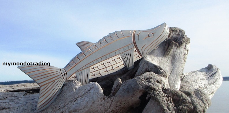 First Nations Pacific Northwest coast native red cedar STURGEON hand carved Art signed wall art carving