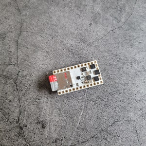 Puede incluir: Una placa de circuito blanco con una peque&ntilde;a tarjeta SIM gris insertada. La placa tiene varios componentes peque&ntilde;os negros y pines de color dorado alrededor de los bordes.