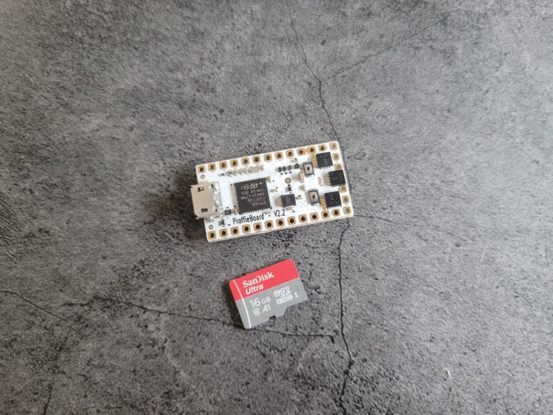 Puede incluir: Una placa de circuito blanco con el texto "ProfileBoard - V2.1" impreso en ella. Una peque&ntilde;a tarjeta SD roja y gris con el texto "SanDisk Ultra 16 GB Clase 10" impreso en ella est&aacute; al lado de la placa de circuito.