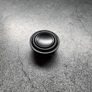 May include: A small, round speaker with a black frame and a silver center. The speaker is designed for audio applications. The image is a close-up shot of the speaker, highlighting its simple design and construction.
