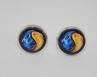 Ying and Yang earrings jewelry, Fire and Water earrings jewelry, Yin Yang simbol, blue orange earrings, Buddhism earrings jewelry